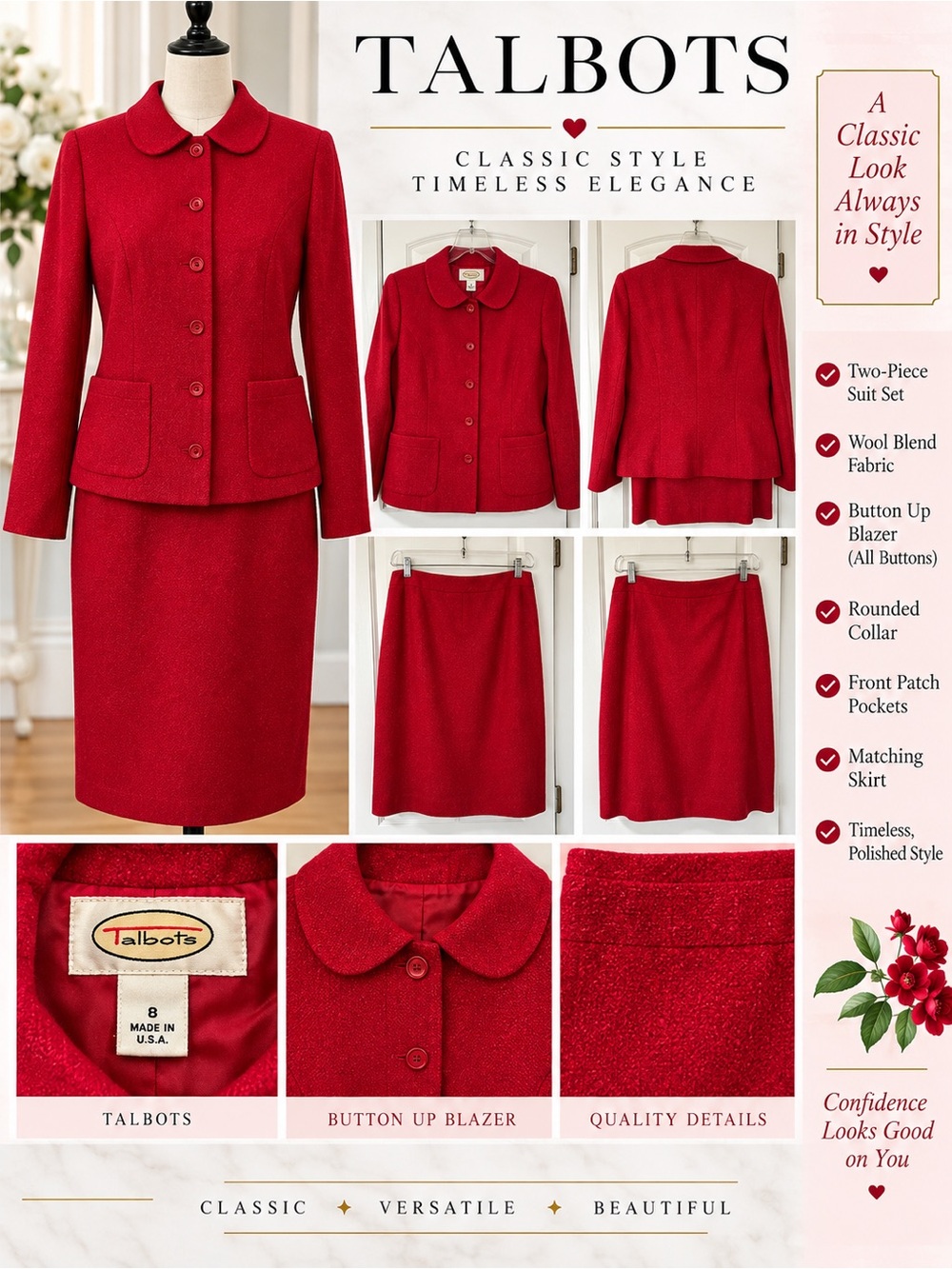 Talbots Red Wool Blend Blazer & Skirt Suit Set Size 8